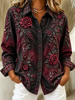 Women Floral Vintage Shirt Shawl Collar Long Sleeve Top