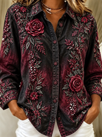 Women Floral Vintage Shirt Shawl Collar Long Sleeve Top