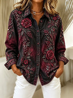Women Floral Vintage Shirt Shawl Collar Long Sleeve Top