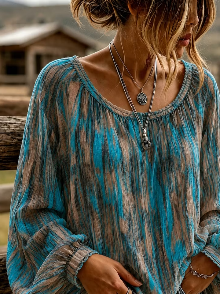 Women Abstract Vintage Blouse Crew Neck Long Sleeve Printing Top