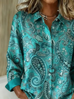 Women Paisley Casual Shirt Shirt Collar Long Sleeve Buckle Top