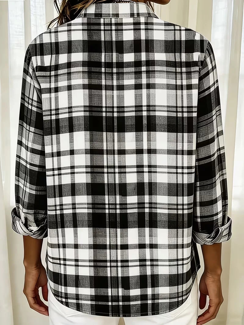 Women Plaid Casual Shirt Shirt Collar Long Sleeve Buckle Top