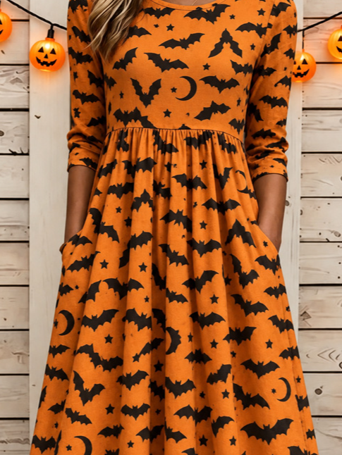 Women Halloween Summer Dress Crew Neck Half Sleeve T-Shirt Dress A-Line Dress