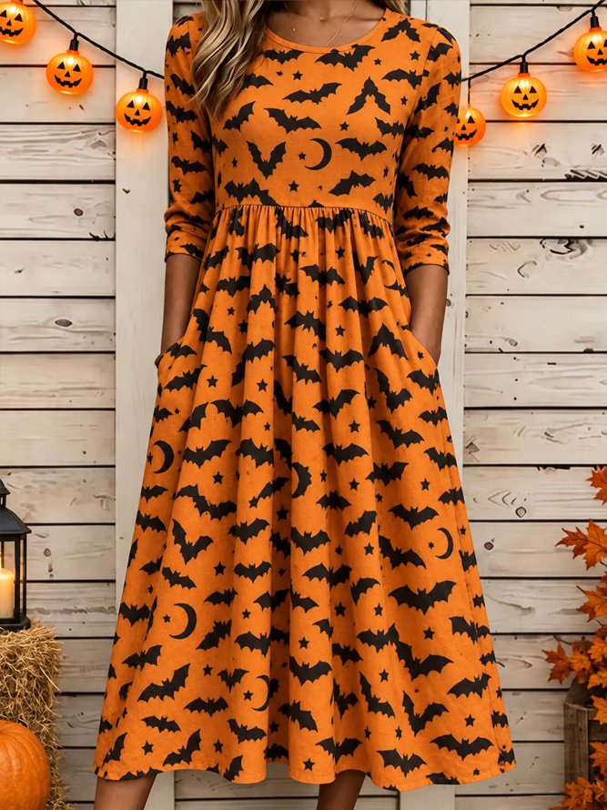 Women Halloween Summer Dress Crew Neck Half Sleeve T-Shirt Dress A-Line Dress