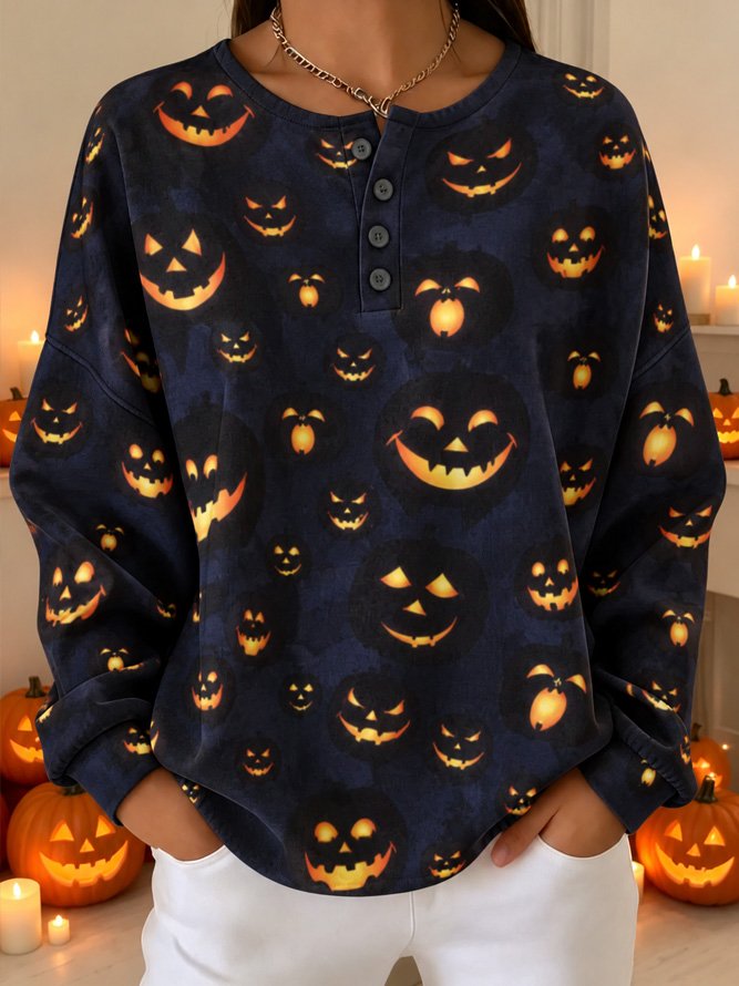 Casual Pumpkin Pattern Henley Collar Long Sleeve Sweatshirt