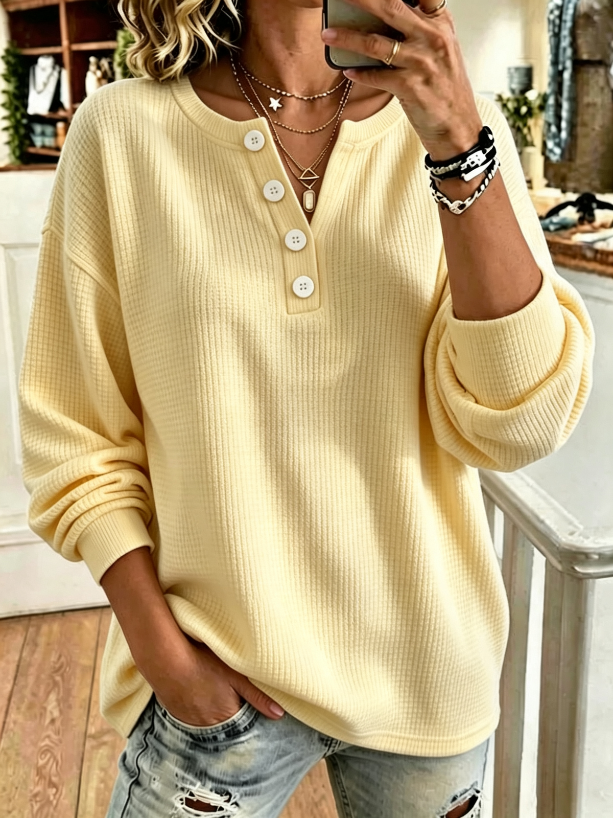 Casual Plain Simple Henley Collar Long Sleeve Sweatshirt