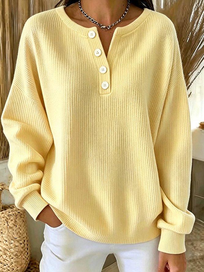 Casual Plain Simple Henley Collar Long Sleeve Sweatshirt