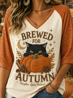 Casual Text Letters V Neck Half Sleeve T-shirt