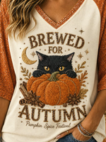 Casual Text Letters V Neck Half Sleeve T-shirt