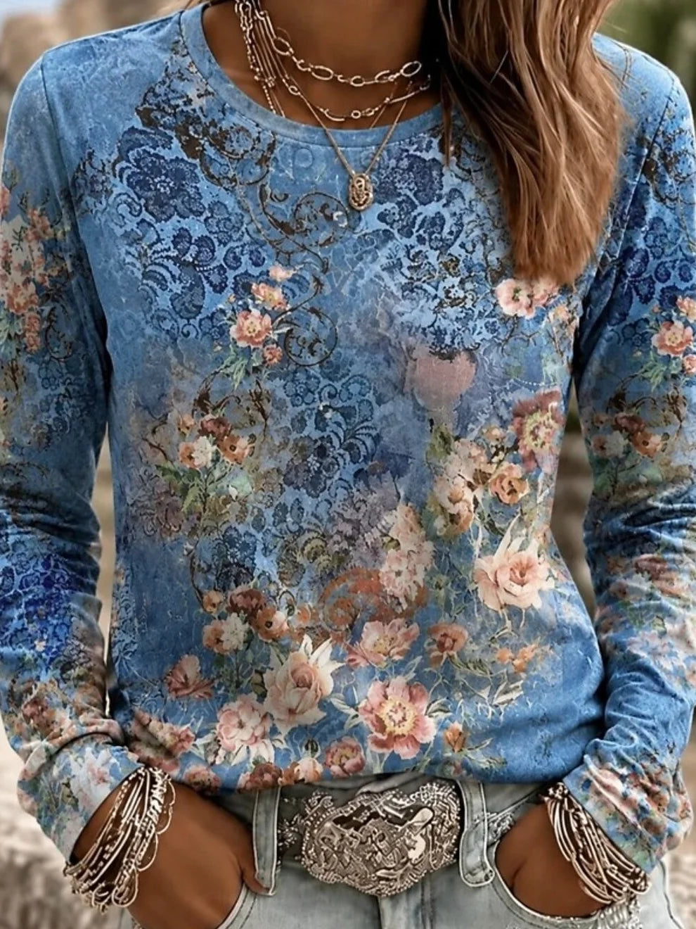 Vintage Casual Floral Crew Neck Long Sleeve T-shirt