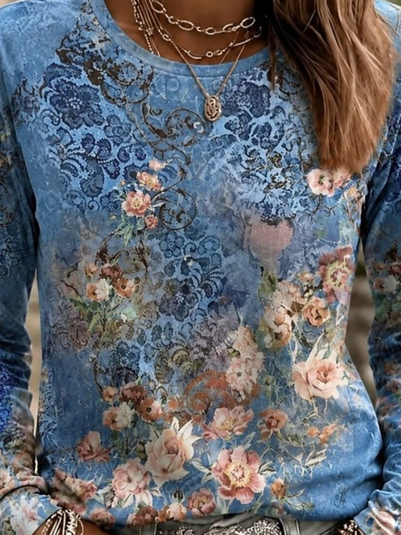 Vintage Casual Floral Crew Neck Long Sleeve T-shirt