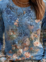 Vintage Casual Floral Crew Neck Long Sleeve T-shirt