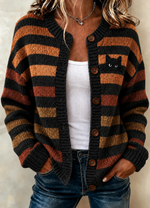Women Striped Long Sleeve Comfy Vintage Printing Cardigan
