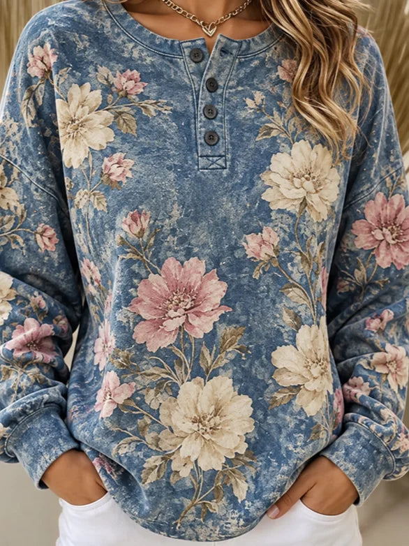Vintage Casual Floral Henley Collar Long Sleeve Sweatshirt