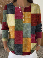 Women Abstract Henley Collar Printing Vintage Spring/Fall Long Sleeve Sweatshirt