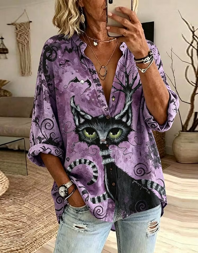 Women's Retro Halloween Black Cat Art Pattern Casual Shirt