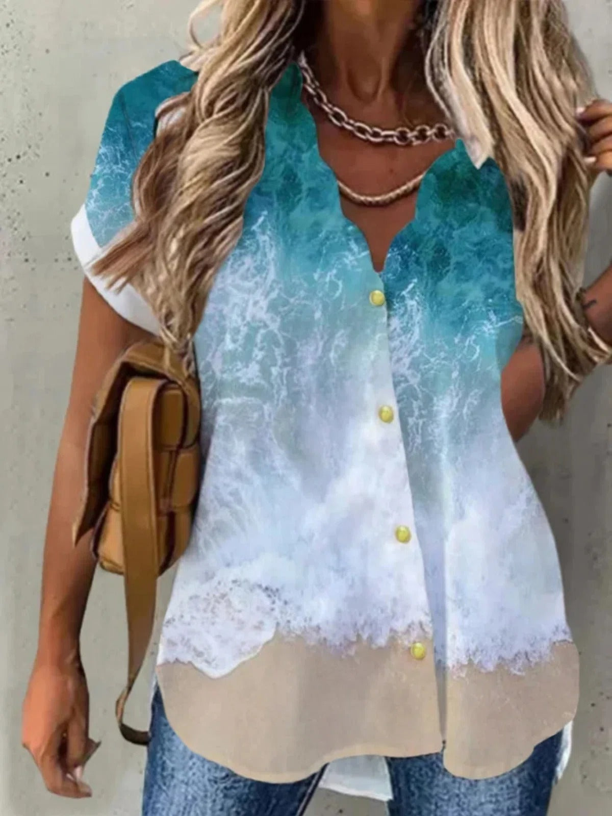 Beach Printed Short Sleeve V Neck Casual Blouse