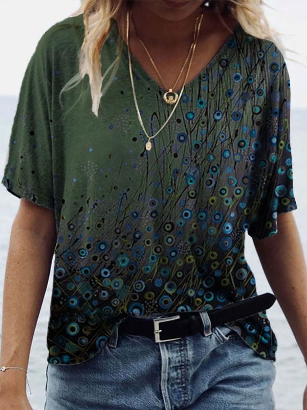V-neck Printed Loose Short Sleeve T-shirt