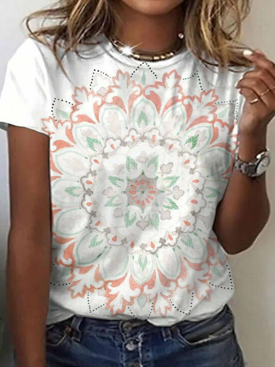 Ethnic Round Neck Short Sleeve Mandala Floral Printed Blouse