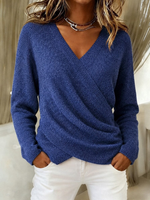 Women Casual Surplice Wrap V?Neck Draped Long Sleeve Knit Sweater