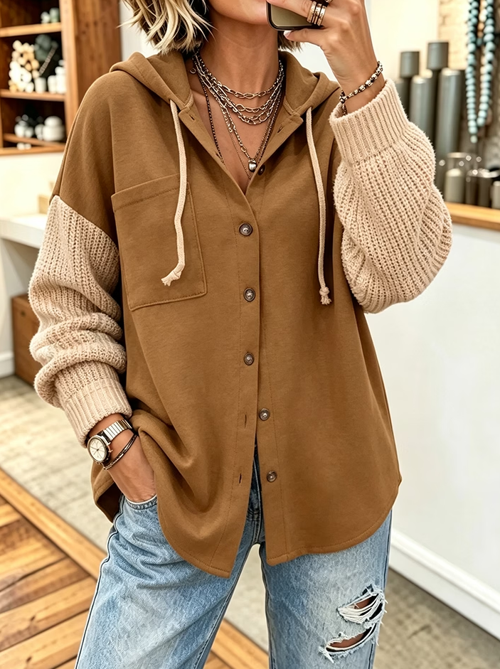 Cozy Stylish Casual Knit-sleeve Button-up Hoodie
