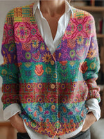 Women's Vintage Floral Collage Art Pattern Print Buttoned V-neck Cardigan Sweater