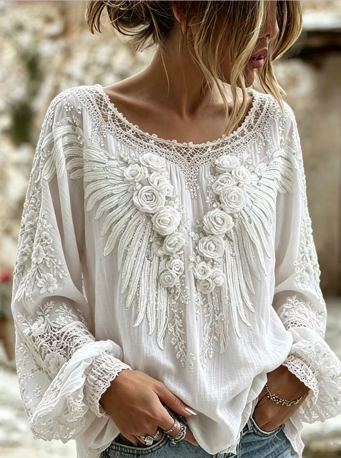Women's Vintage Rose And Wing Embroidery Art Crew Neck Long Sleeve Linen Blend T-shirt