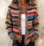 Women's Bohemian Retro Striped Gradient Art Print Knit Button Cardigan