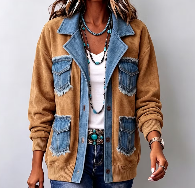 Women Vintage Chic Suede Patchwork Denim Jacket