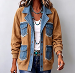 Women Vintage Chic Suede Patchwork Denim Jacket
