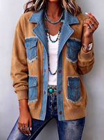 Women Vintage Chic Suede Patchwork Denim Jacket