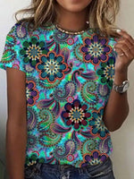 Multicolor Casual Ethnic Round Neck Short Sleeve Blouse