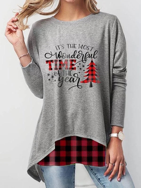 Christmas Print Plaid Casual Irregular Hem Sweatshirt
