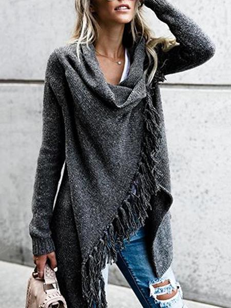 Long Sleeve Cowl Neck Plain Cotton-Blend Shirts & Tops