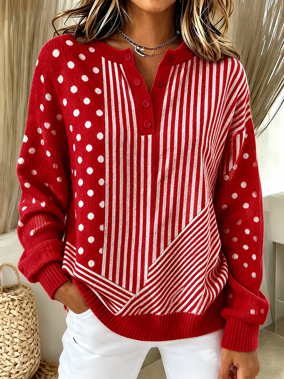 Vintage Casual Striped Henley Collar Long Sleeve Sweatshirt