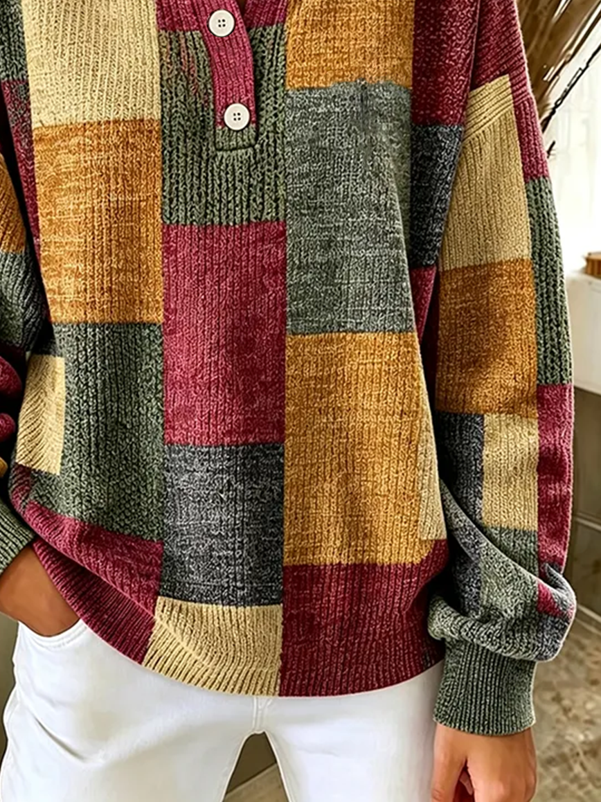 Vintage Casual Abstract Henley Collar Long Sleeve Sweatshirt