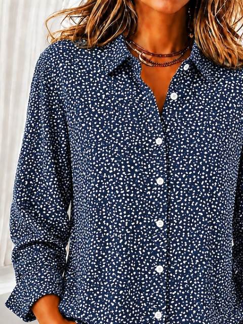 Women Abstract Casual Shirt Shirt Collar Long Sleeve Buckle Top