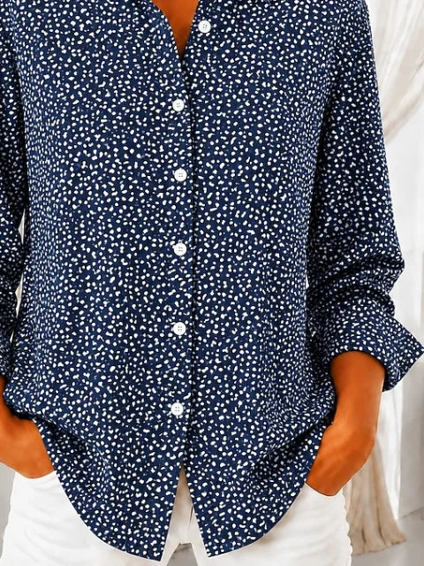 Women Abstract Casual Shirt Shirt Collar Long Sleeve Buckle Top