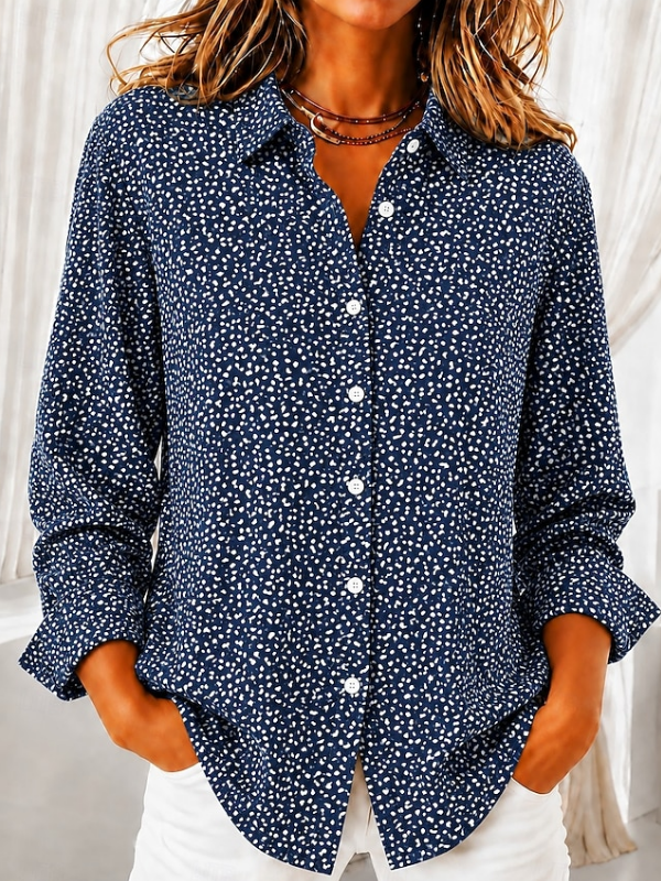Women Abstract Casual Shirt Shirt Collar Long Sleeve Buckle Top