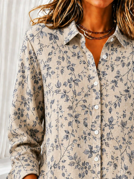 Women Floral Casual Shirt Shirt Collar Long Sleeve Buckle Top