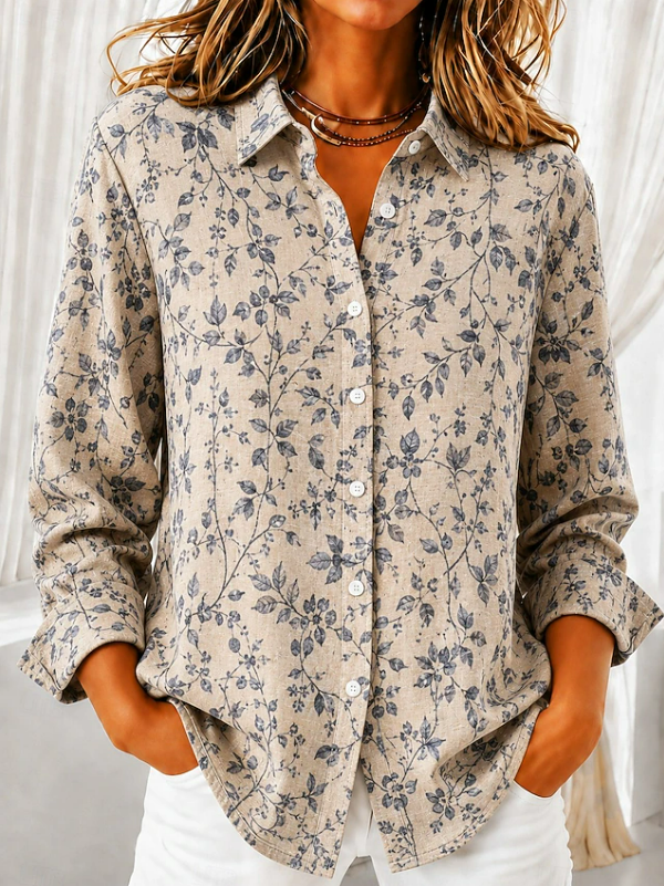 Women Floral Casual Shirt Shirt Collar Long Sleeve Buckle Top