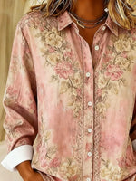 Women Floral Casual Shirt Shirt Collar Long Sleeve Buckle Top