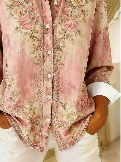 Women Floral Casual Shirt Shirt Collar Long Sleeve Buckle Top
