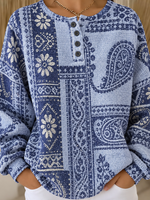 Vintage Geometric Henley Collar Long Sleeve Sweatshirt