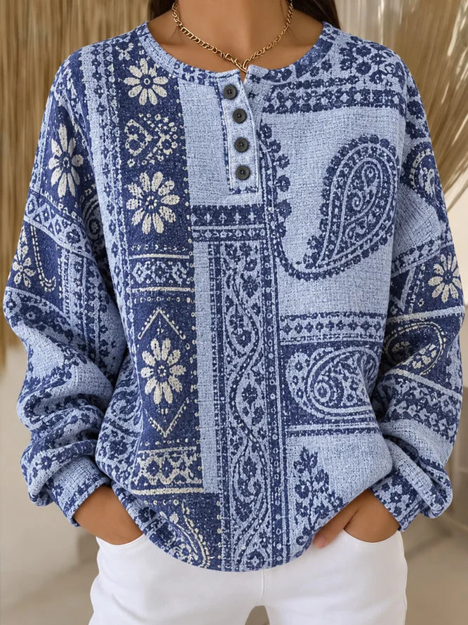Vintage Geometric Henley Collar Long Sleeve Sweatshirt