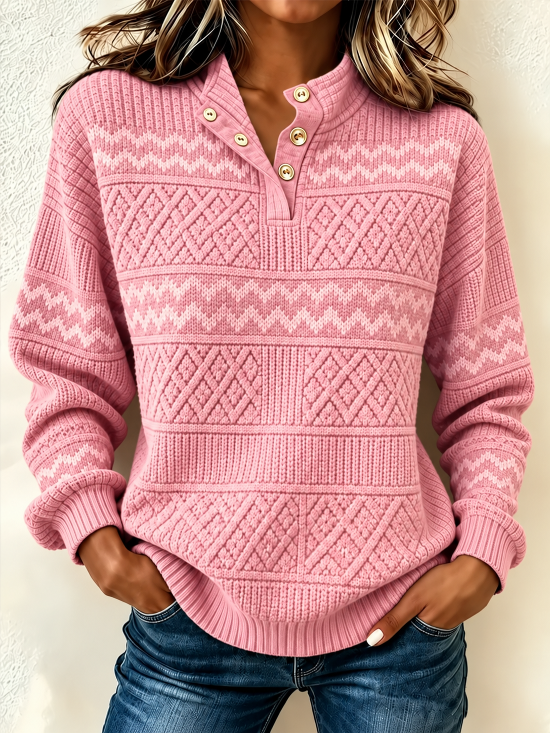 Vintage Geometric Half Open Collar Long Sleeve Sweatshirt
