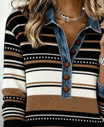 Women Striped Casual Shirt Shawl Collar Long Sleeve Button Top