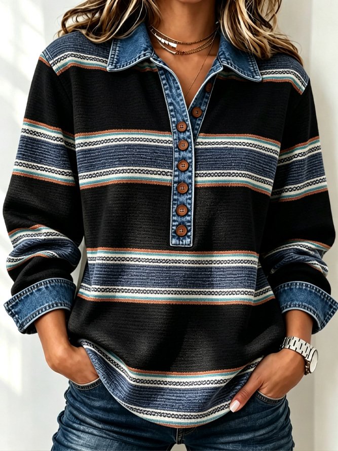 Women Striped Casual Shirt Shawl Collar Long Sleeve Top