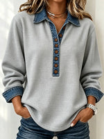 Women Plain Casual Shirt Shawl Collar Long Sleeve Top