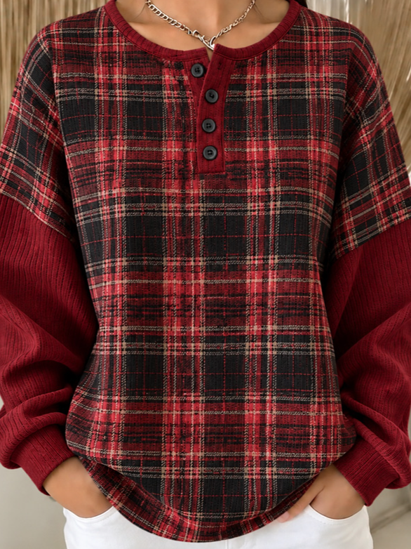 Casual Plaid Henley Collar Long Sleeve Sweatshirt